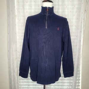 Polo Ralph Lauren Size XL Navy Blue 1/4 Zip Leather Zipper Pull‎ Sweater
